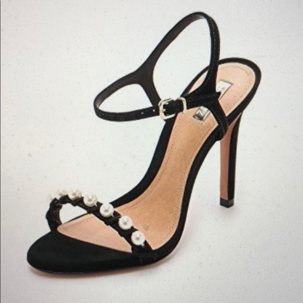 Schutz high heel Danielle sandals 9B stiletto black suede pearl ankle strap